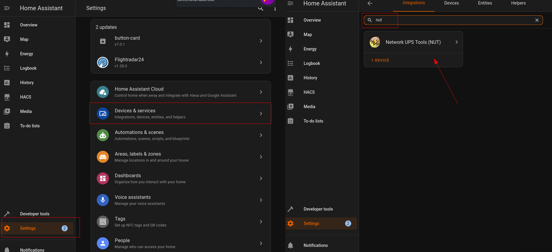 Home Assistant NUT integration