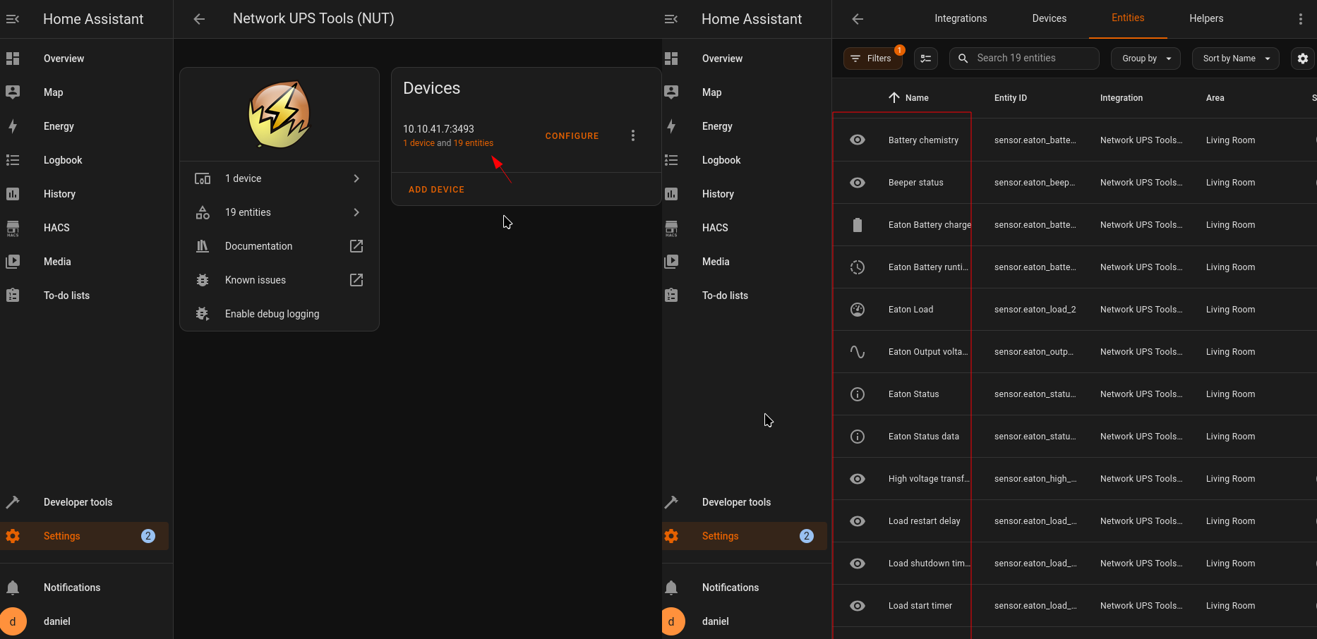 Home Assistant NUT entities